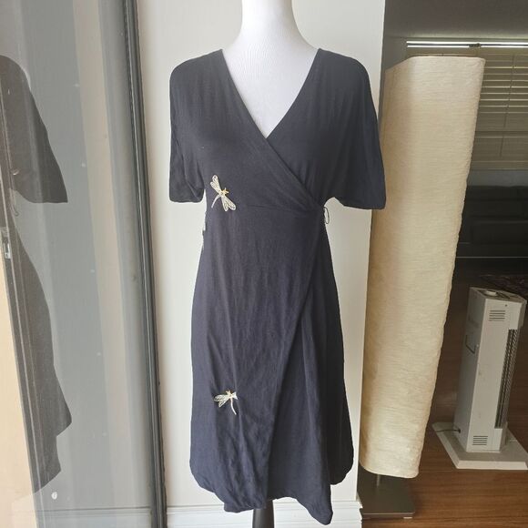 Tibi Black Wrap Dress with Dragonfly Accents Medium - Picture 9 of 12